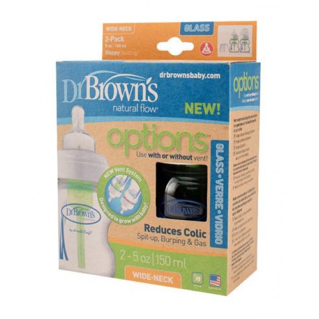 Dr Browns 150ml Options Glass Baby Bottle Wide Neck Twin Pack