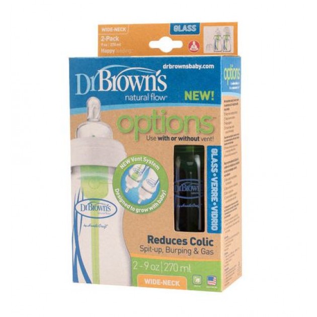 Dr Browns 270ml Options Glass Baby Bottle Wide Neck Twin Pack