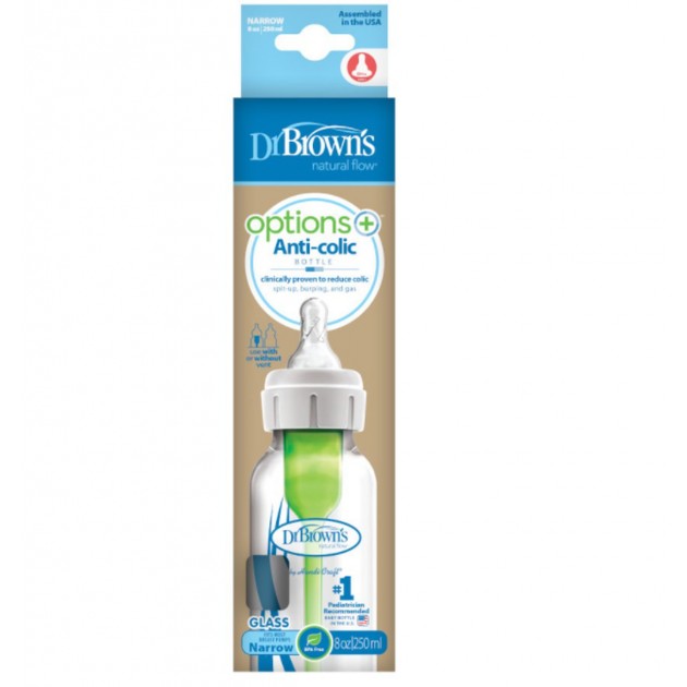 Dr Brown's 250ml Options PLUS Glass Baby Bottle Narrow Neck