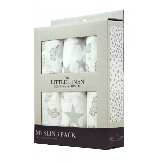 Little Linen Muslin 3Pk Prints - Mint Elephant