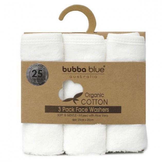 Bubba Blue Organic Cotton Face Washers Off White 3pk