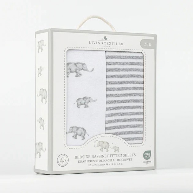 Living Textiles 2pk BEDSIDE Bassinet Fitted Sheet - Watercolour Elephant