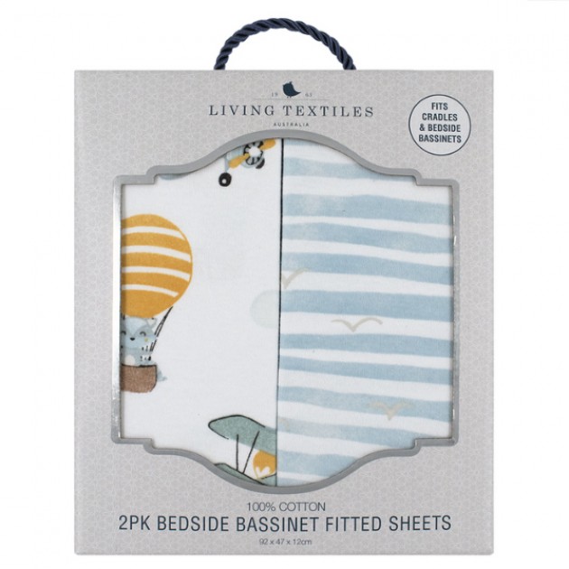 Living Textiles Bedside Sleeper Fitted Sheets 2pk Up Up & Away Stripes